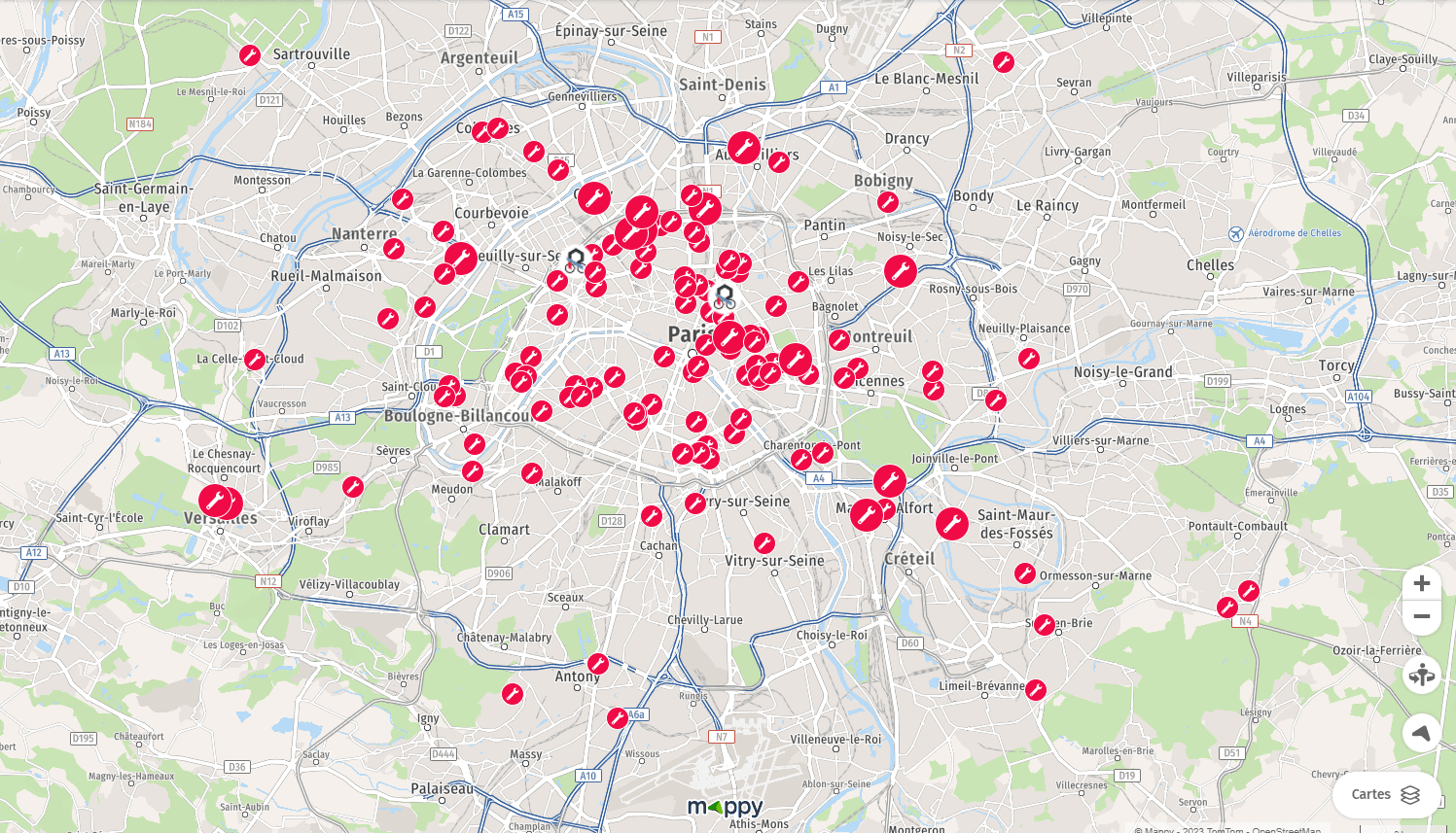 Carte des interactions vélo à Paris sur l'application mobile Mappy