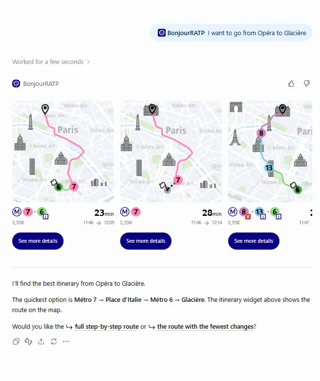 Demonstration of a Bonjour RATP search result on ChatGPT