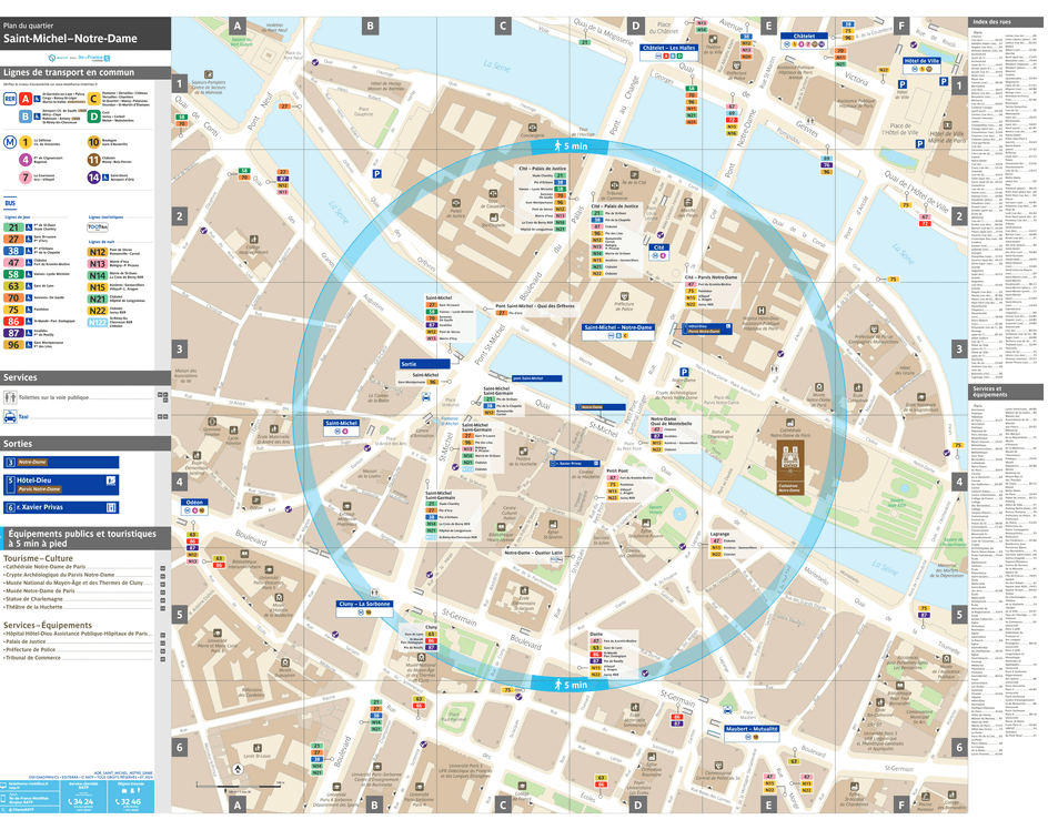 Neighborhood map around the train station Saint-Michel Notre-Dame