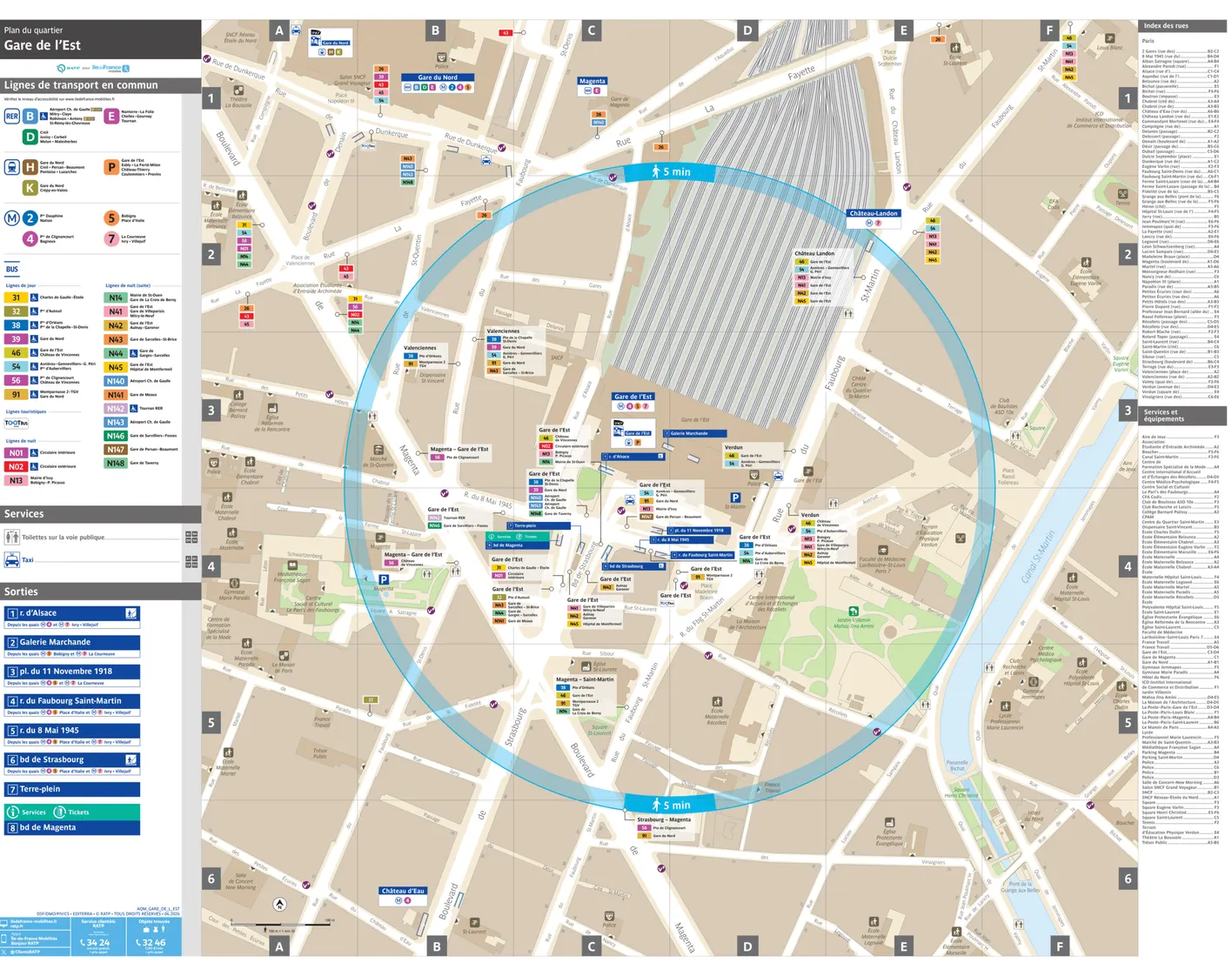 Neighborhood map around the train station Gare de l'Est
